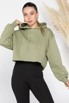 Kadın Kapüşonlu Şardonlu Crop Top Sweathirt Açık Haki