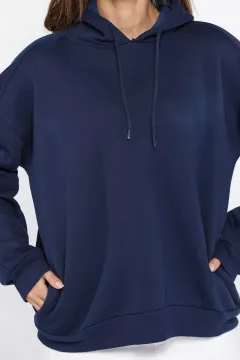 Kadın Kapüşonlu Üç İplik Şardonlu Oversize Sweatshirt Lacivert