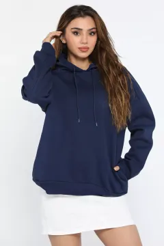 Kadın Kapüşonlu Üç İplik Şardonlu Oversize Sweatshirt Lacivert