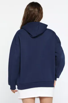 Kadın Kapüşonlu Üç İplik Şardonlu Oversize Sweatshirt Lacivert