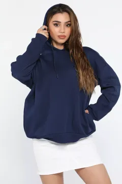 Kadın Kapüşonlu Üç İplik Şardonlu Oversize Sweatshirt Lacivert