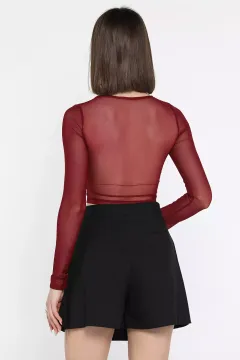 Kadın Kare Yaka Sırt Ve Kol Transparan Crop Top Bluz Mürdüm
