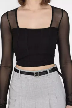 Kadın Kare Yaka Sırt Ve Kol Transparan Crop Top Bluz Siyah