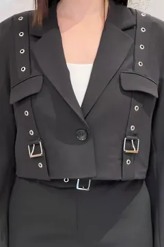 Kadın Kemer Detaylı Astarlı Crop Top Blazer Ceket Siyah