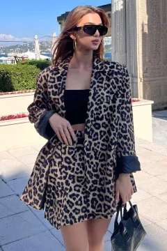 Kadın Leopar Desen Oversize Astarlı Blazer Ceket Leopar Desen