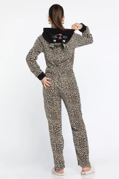 Kadın Leopar Desen Polar Pijama Tulum Leopar Desen