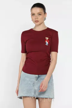 Kadın Nakış Detaylı Yanlar Büzgülü Bluz Bordo