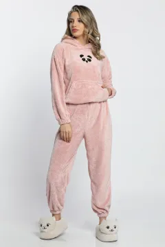 Kadın Nakışlı Peluş Pijama Takımı Pudra