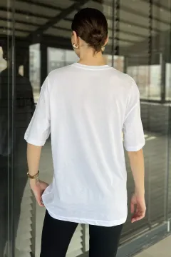 Kadın Ön Baskılı Oversize Bisiklet Yaka Tişört Beyaz