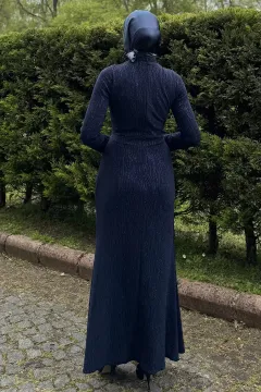 Kadın Ön Drapeli Taş İşlemeli Işıltılı Tesettür Abiye Lacivert