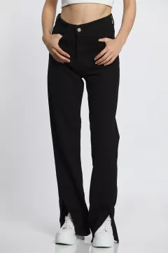 Kadın Paça Yan Yırtmaçlı Gabardin Pantolon Siyah