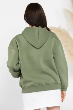 Kadın Şardonlu Kanguru Cepli Düğme Detaylı Sweatshirt Haki