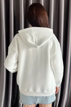 Kadın Şardonlu Kanguru Cepli Düğme Detaylı Sweatshirt Beyaz