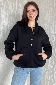 Kadın Şardonlu Kanguru Cepli Düğme Detaylı Sweatshirt Siyah