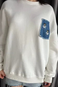 Kadın Şardonlu Kot Garnili Taş Detaylı Sweatshirt Krem