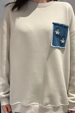 Kadın Şardonlu Kot Garnili Taş Detaylı Sweatshirt Taş