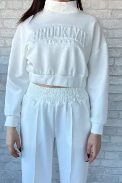 Kadın Scuba Kumaş Kabartma Yazı Baskılı Crop Top Eşofman Takımı Krem