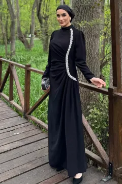 Kadın Taş İşlemeli Drapeli Büyük Beden Tesettür Abiye Siyah