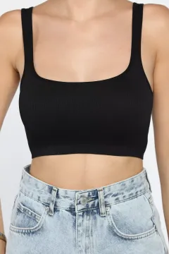 Kalın Askılı Fitilli Crop Top Bluz Siyah