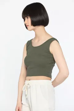 Kalın Askılı Likralı Kadın Kaşkorse Crop Tops Bluz Haki