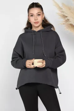 Kapüşonlu Üç İplik Şardonlu Bel Lastikli Sweatshirt Füme