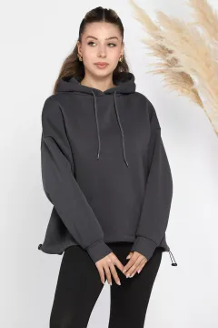 Kapüşonlu Üç İplik Şardonlu Bel Lastikli Sweatshirt Füme