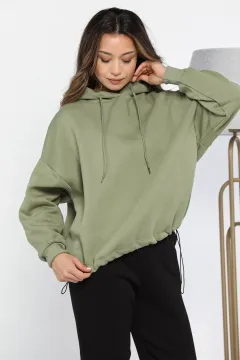 Kapüşonlu Üç İplik Şardonlu Bel Lastikli Sweatshirt Haki