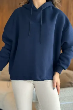 Kapüşonlu Üç İplik Şardonlu Bel Lastikli Sweatshirt Lacivert