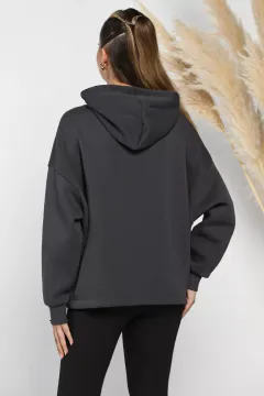 Kapüşonlu Üç İplik Şardonlu Bel Lastikli Sweatshirt Füme