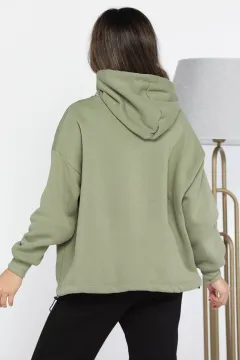 Kapüşonlu Üç İplik Şardonlu Bel Lastikli Sweatshirt Haki