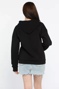 Kapüşonlu Üç İplik Şardonlu Kadın Sweatshirt Siyah