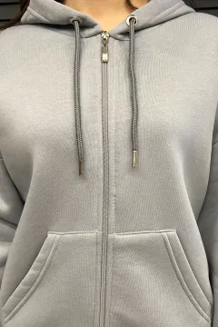 Kapüşonlu Üç İplik Şardonlu Kadın Sweatshirt Gri