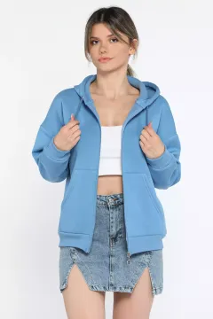 Kapüşonlu Üç İplik Şardonlu Kadın Sweatshirt İndigo