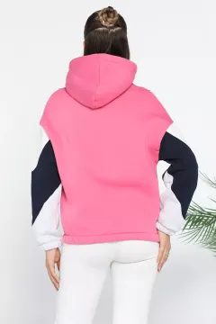 Kapüşonlu Üç İplik Şardonlu Renk Garnili Sweatshirt Fuşya Lacivert