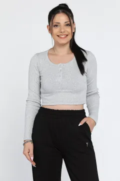 Kaşkorse Likralı Ön Çıtçıtlı Crop Top Bluz Gri