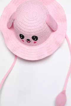 Kız Çocuk Kulakları Hareket Eden Eğlenceli Hasır Şapka Pembe