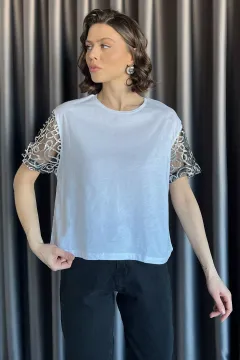 Kolları Tül Detaylı Kadın Tişört Beyaz