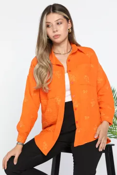 Nakışlı Çift Cepli Keten Gömlek Orange