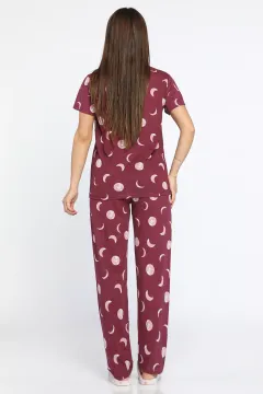 Önden Düğmeli Desenli Kadın Pijama Takımı Bordo