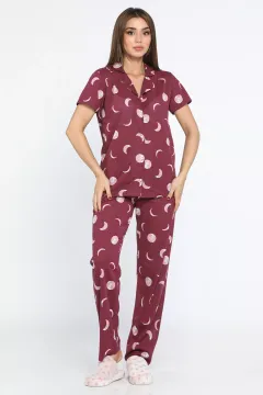 Önden Düğmeli Desenli Kadın Pijama Takımı Bordo