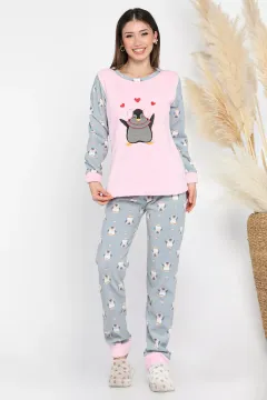 Penguen Desenli Kadın Polar Pijama Takımı Pembe