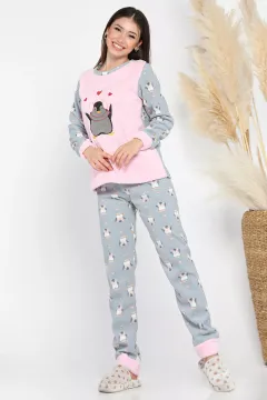 Penguen Desenli Kadın Polar Pijama Takımı Pembe