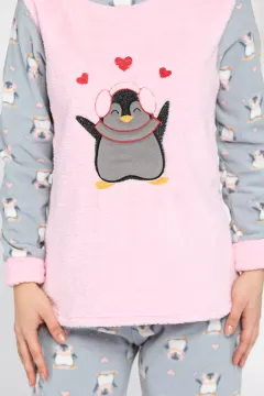 Penguen Desenli Kadın Polar Pijama Takımı Pembe