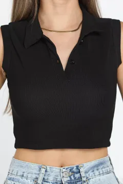 Polo Yaka Yarım Düğmeli Kadın Likralı Crop Top Bluz Siyah