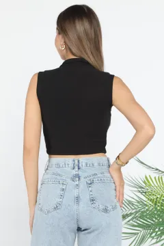 Polo Yaka Yarım Düğmeli Kadın Likralı Crop Top Bluz Siyah