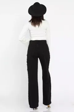Püsküllü Tarz Kadın Bol Paça Jean Kot Pantolon Siyah