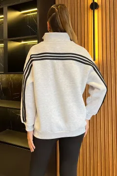 Şardonlu Yarım Fermuarlı Kadın Sweatshirt Gri