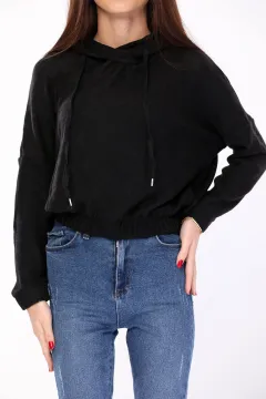 Kadın Kapüşonlu Crop Sweatshirt Siyah