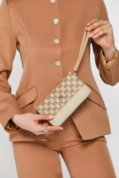 Toka Detaylı Desenli Kadın Cüzdan Bej
