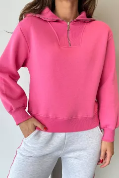 Üç İplik Şardonlu Yarım Fermuarlı Kadın Sweatshirt Pembe